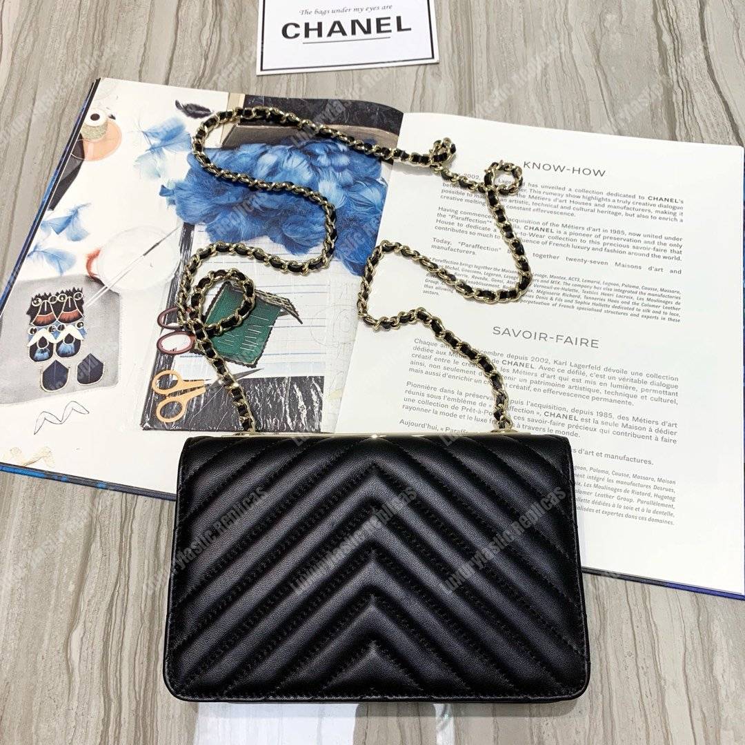 Ch*el wallet on chain – woc chevron lambskin gold-toned metal black