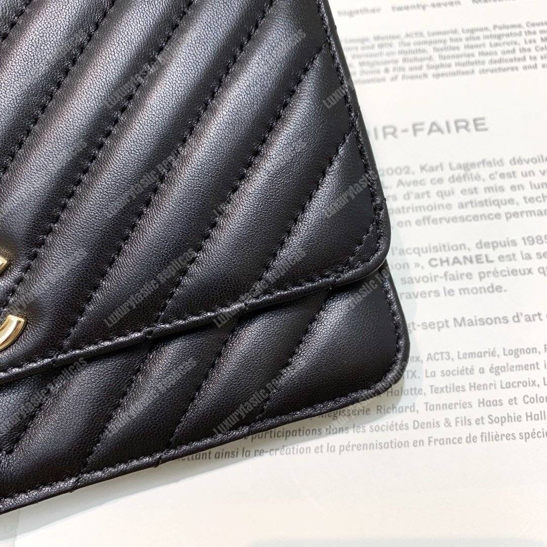 Ch*el wallet on chain – woc chevron lambskin gold-toned metal black