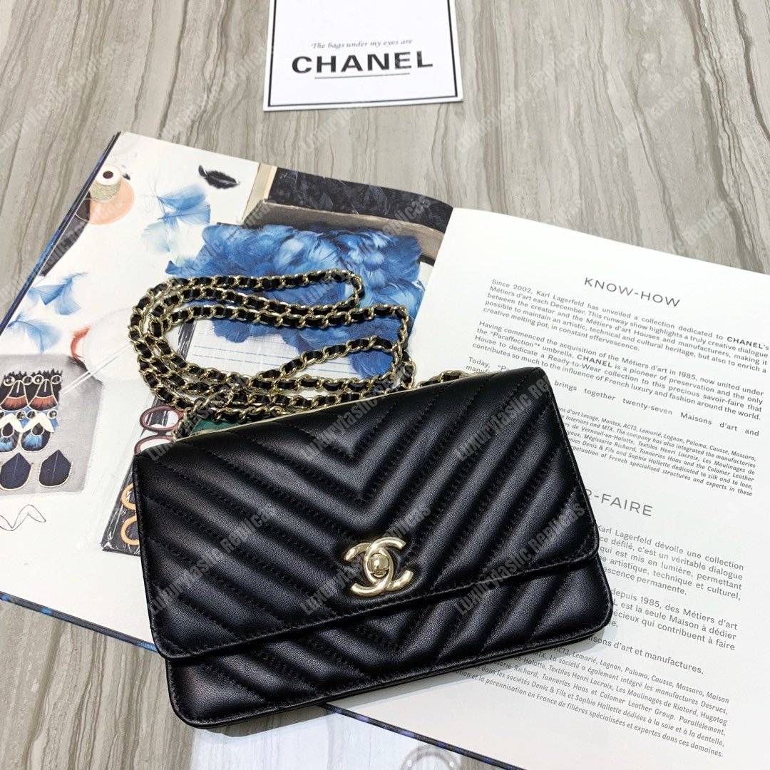 Ch*el wallet on chain – woc chevron lambskin gold-toned metal black