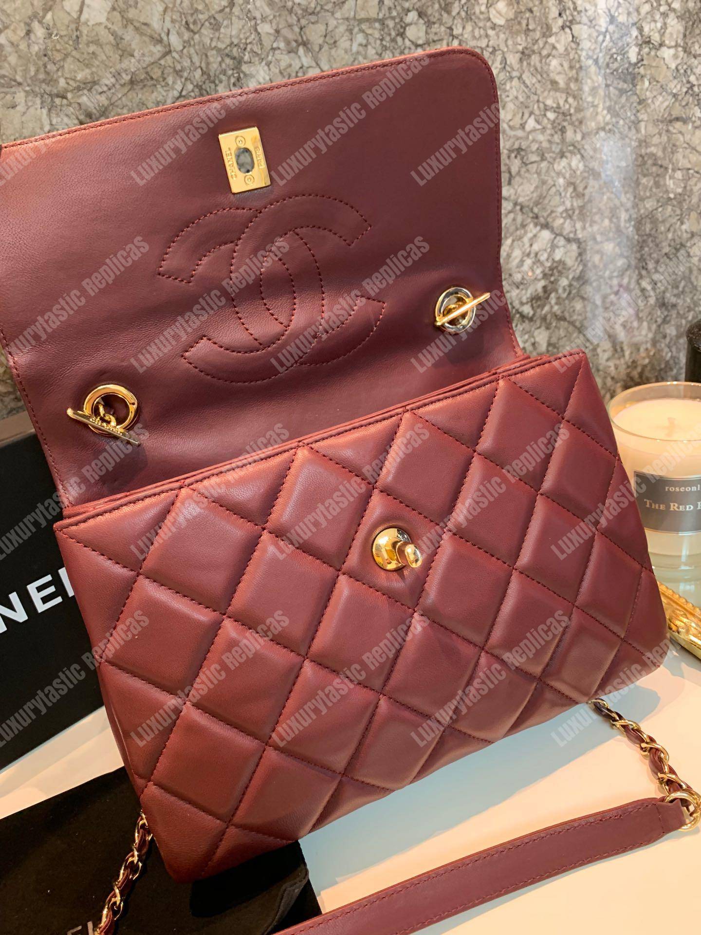 Ch*el small flap bag with top handle burgundy-gold