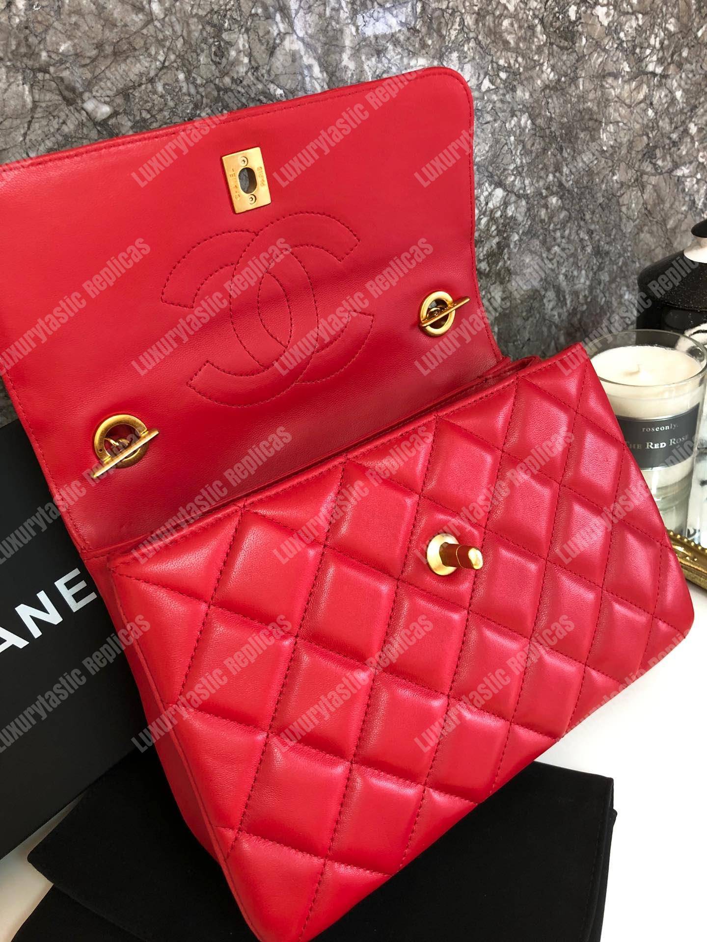 Ch*el small flap bag with top handle red-gold