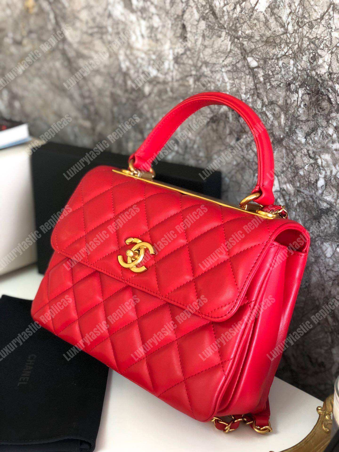 Ch*el small flap bag with top handle red-gold