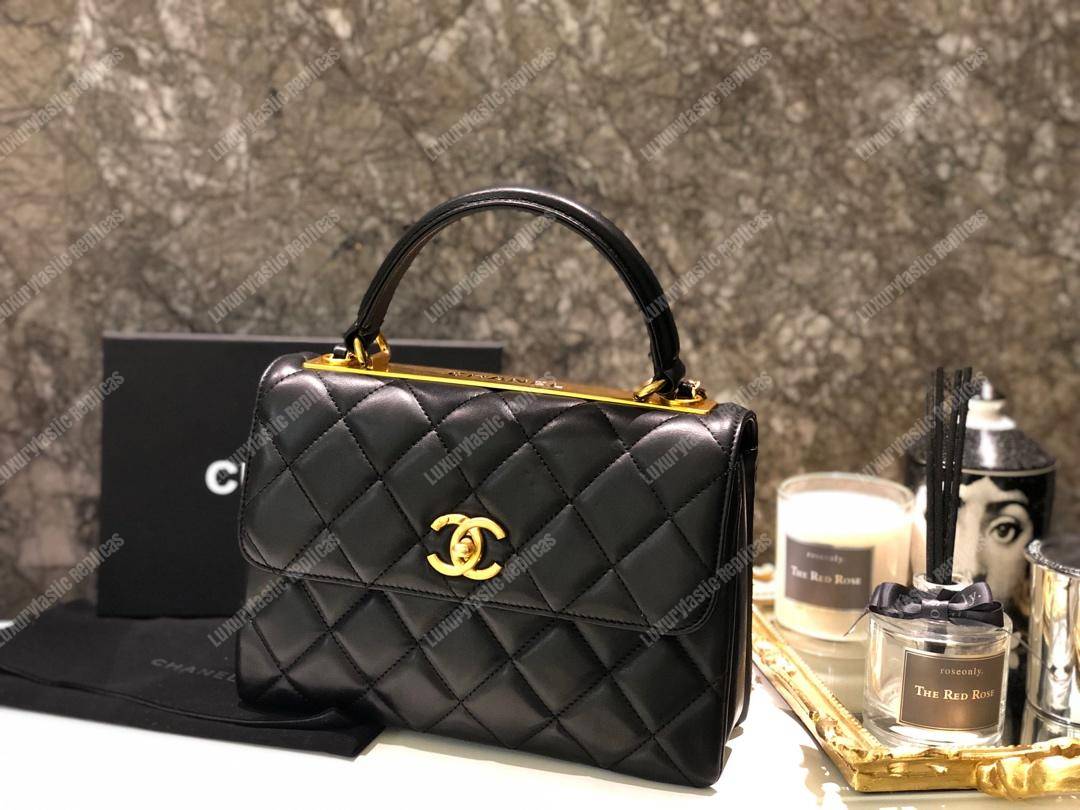 Ch*el small flap bag with top handle black-gold