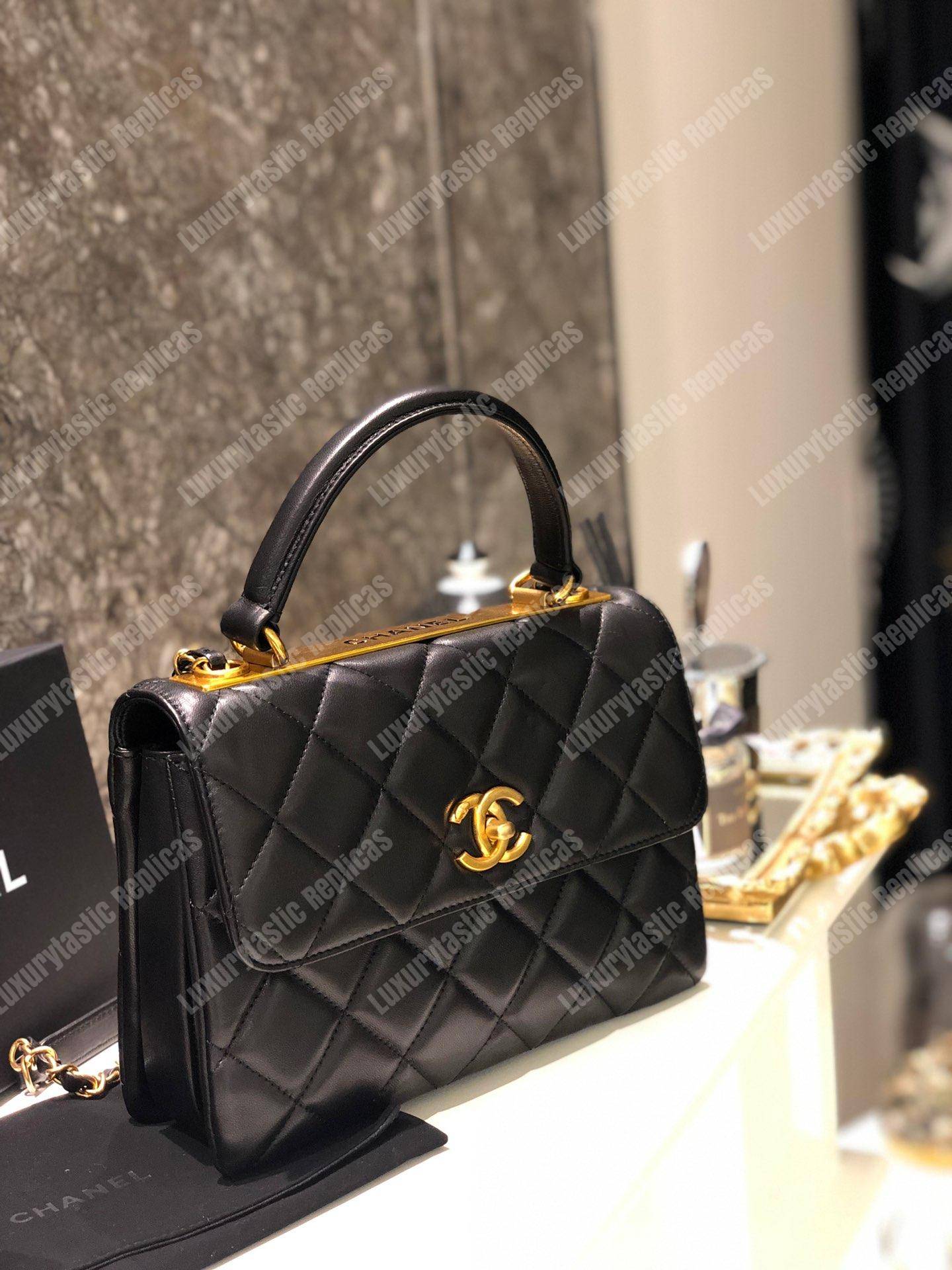 Ch*el small flap bag with top handle black-gold