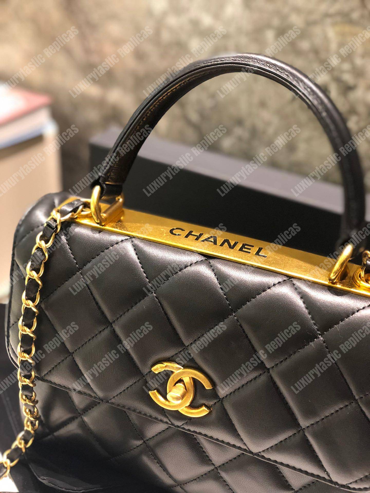 Ch*el small flap bag with top handle black-gold