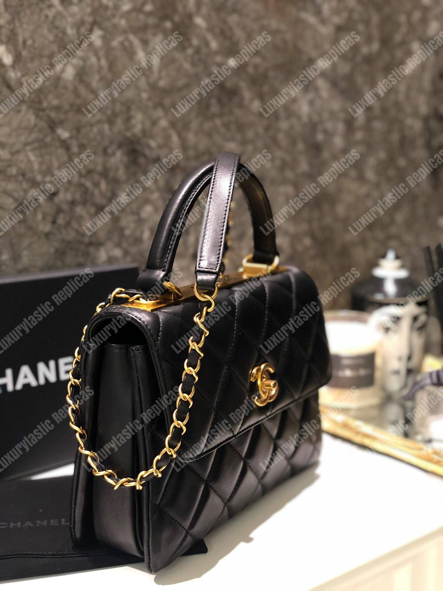 Ch*el small flap bag with top handle black-gold