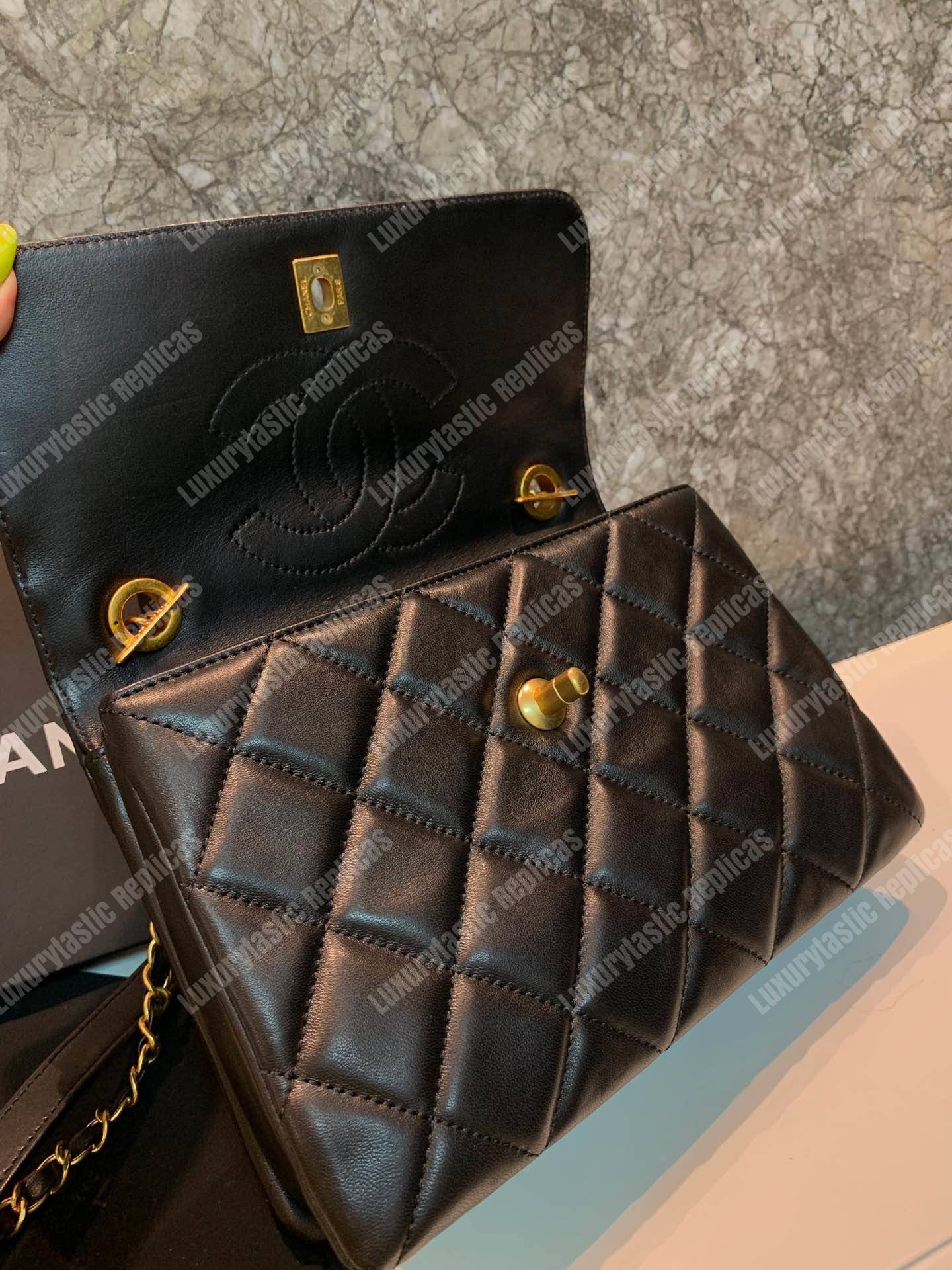 Ch*el small flap bag with top handle black-gold