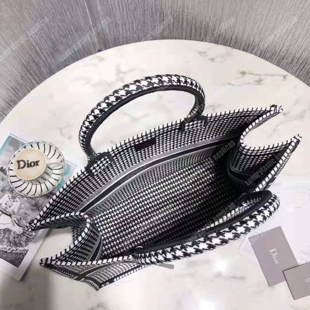 D*or book tote bag in white and black embroidered canvas houndstooth motif