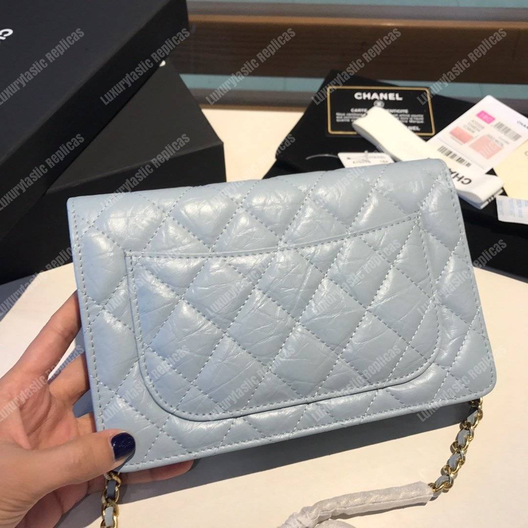 Ch*el wallet on chain – woc aged calfskin light blue