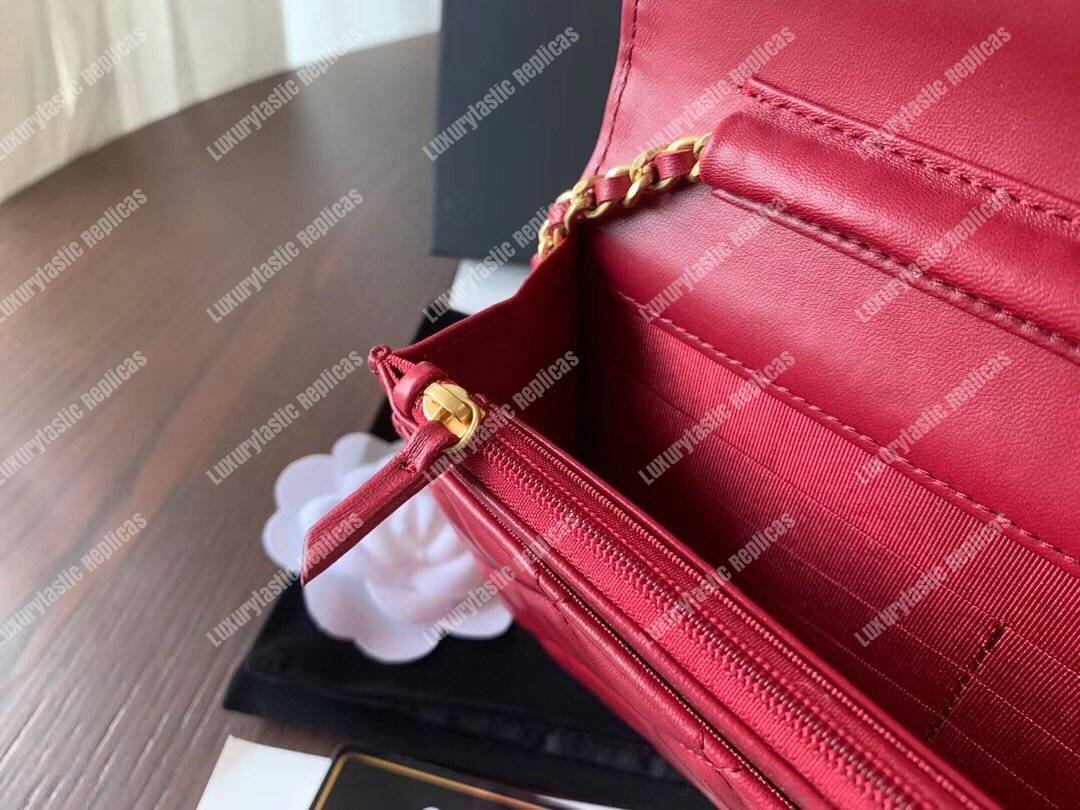 Ch*el wallet on chain – woc lambskin gold-toned metal red