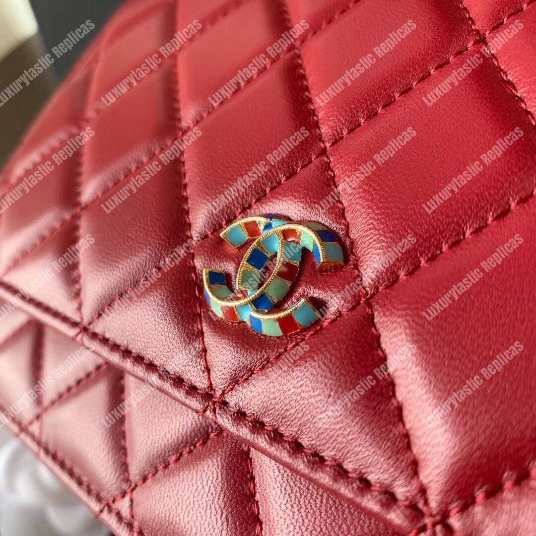 Ch*el wallet on chain – woc lambskin gold-toned metal red