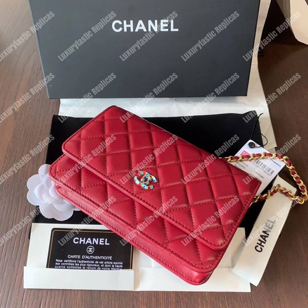 Ch*el wallet on chain – woc lambskin gold-toned metal red