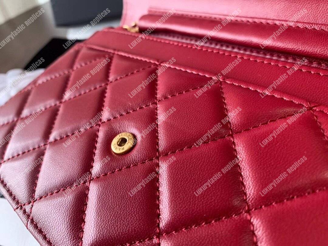 Ch*el wallet on chain – woc lambskin gold-toned metal red