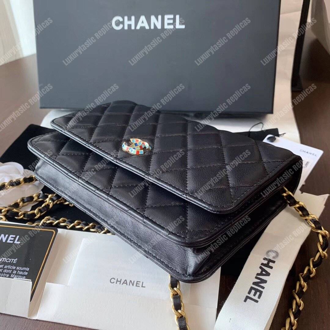 Ch*el wallet on chain – woc lambskin gold-toned metal black