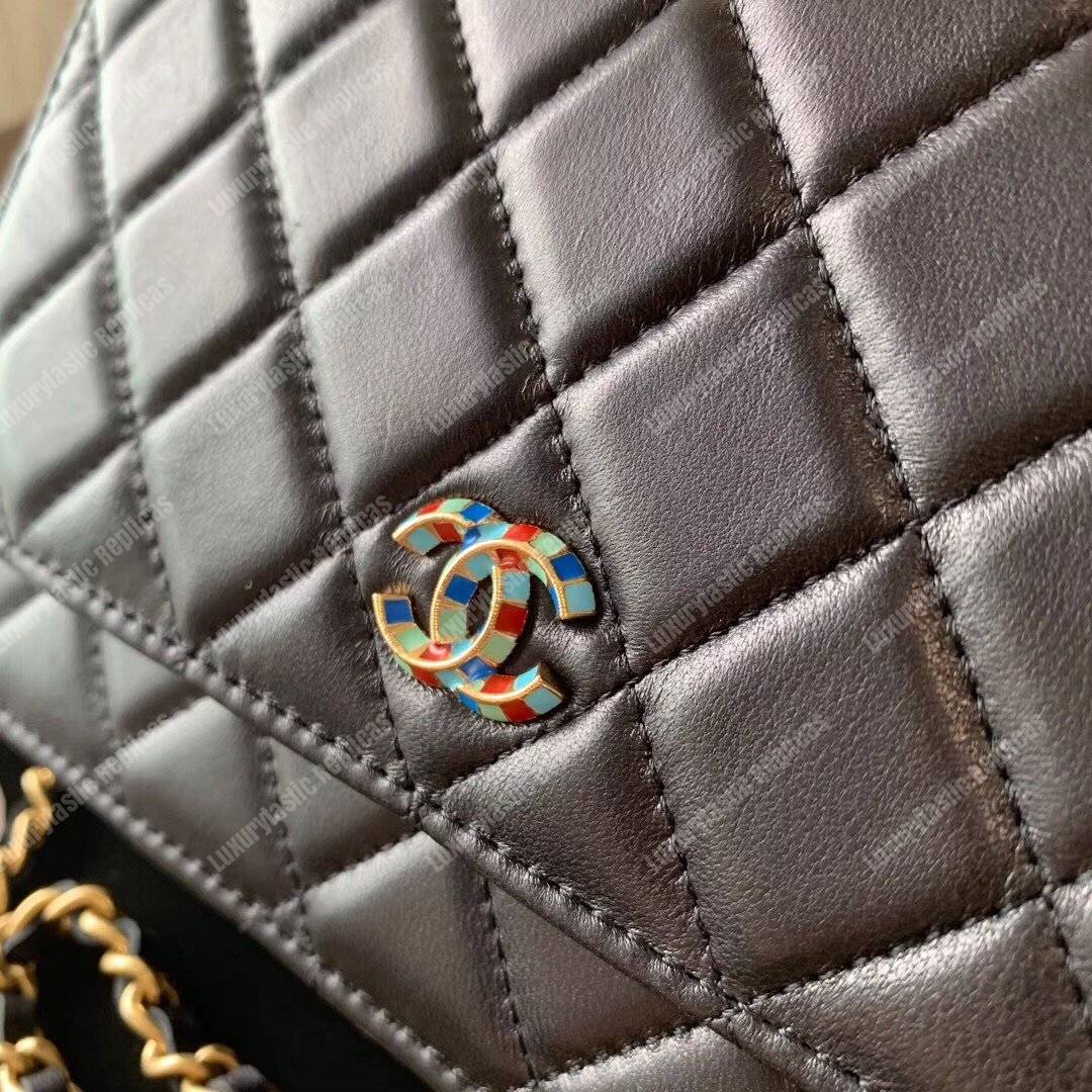 Ch*el wallet on chain – woc lambskin gold-toned metal black