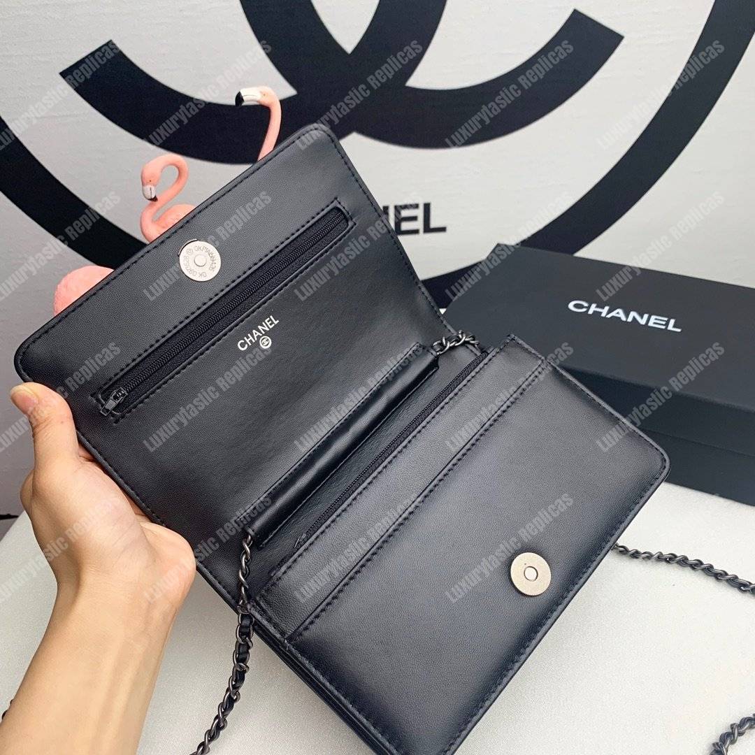 Ch*el le boy wallet on chain – woc black chevron lambskin