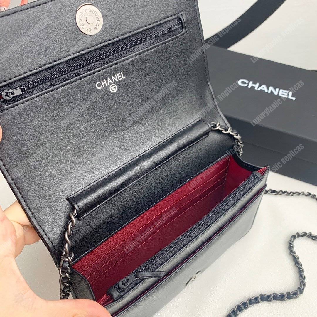 Ch*el le boy wallet on chain – woc black chevron lambskin