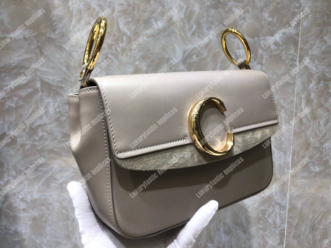 Chloe Small “C” Double Carry Bag In Shiny And Suede Calfskin Grey