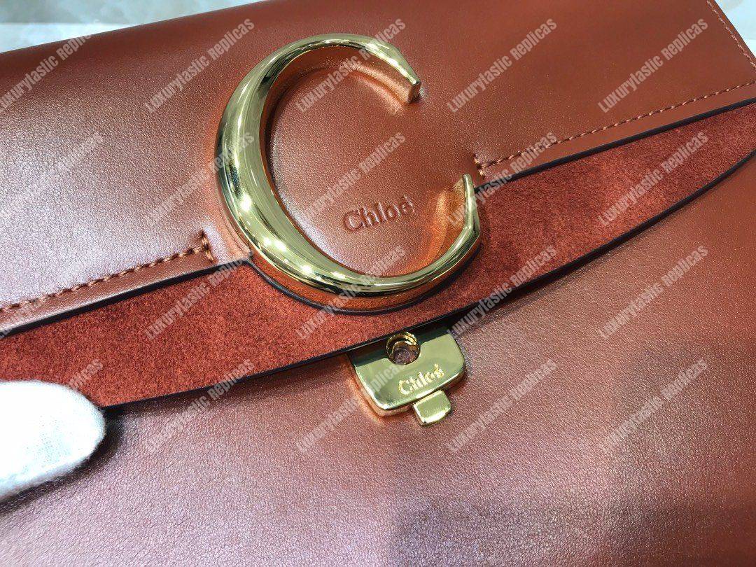 Chloe Small “C” Double Carry Bag In Shiny And Suede Calfskin Brown