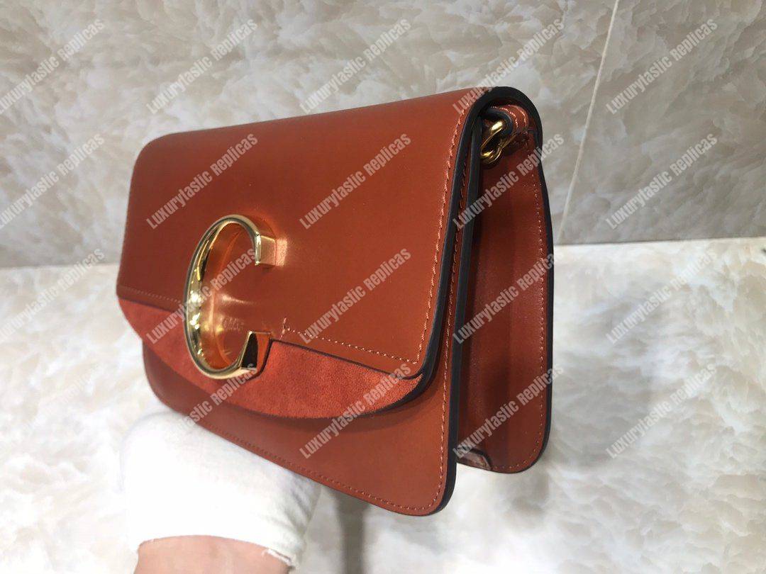 Chloe “C” Clutch With Chain In Shiny And Suede Calfskin Brown