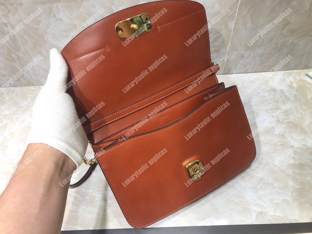 Chloe “C” Clutch With Chain In Shiny And Suede Calfskin Brown