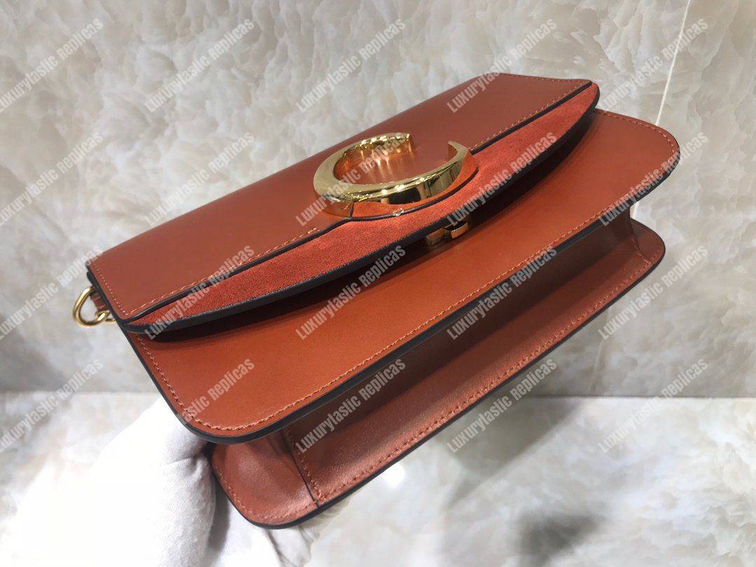 Chloe “C” Clutch With Chain In Shiny And Suede Calfskin Brown