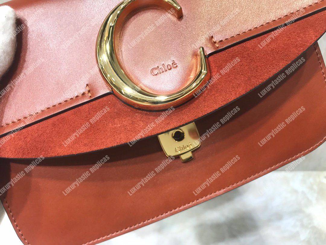 Chloe “C” Clutch With Chain In Shiny And Suede Calfskin Brown
