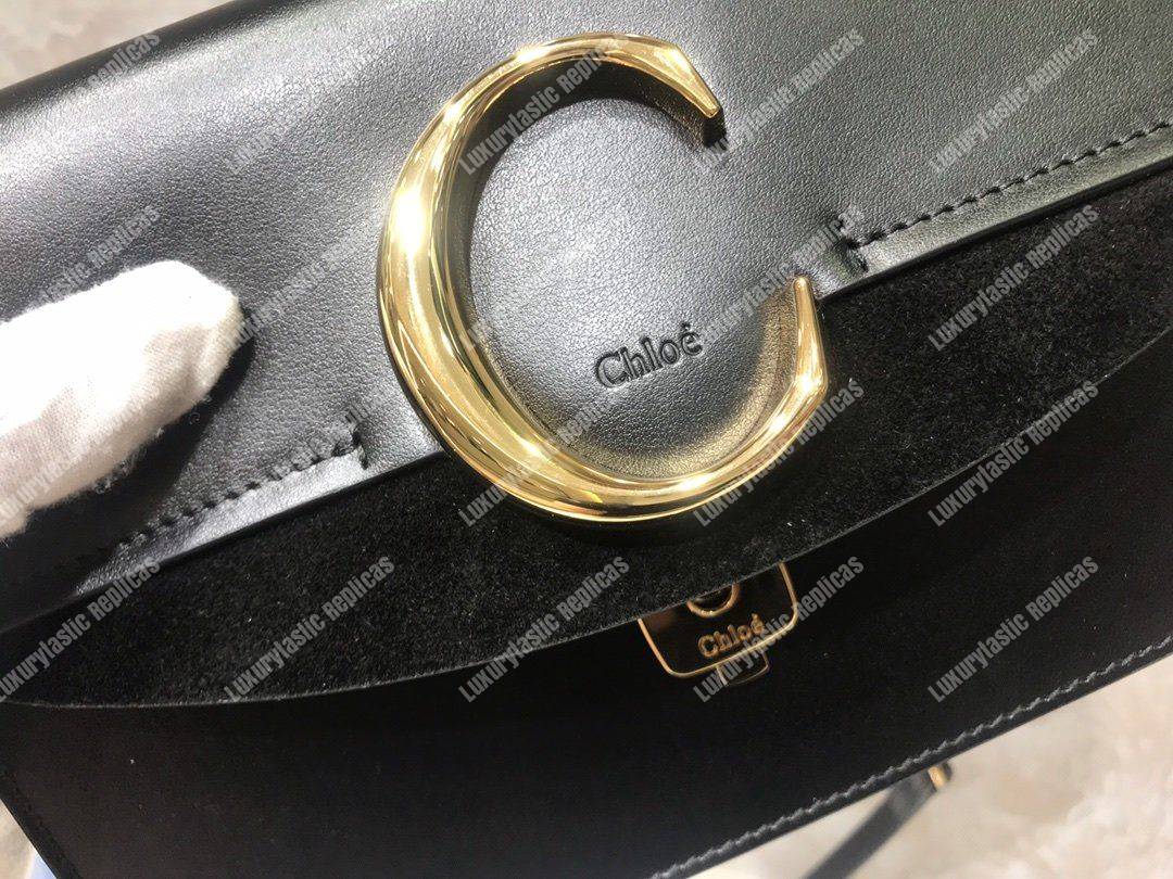 Chloe “C” Clutch With Chain In Shiny And Suede Calfskin Black