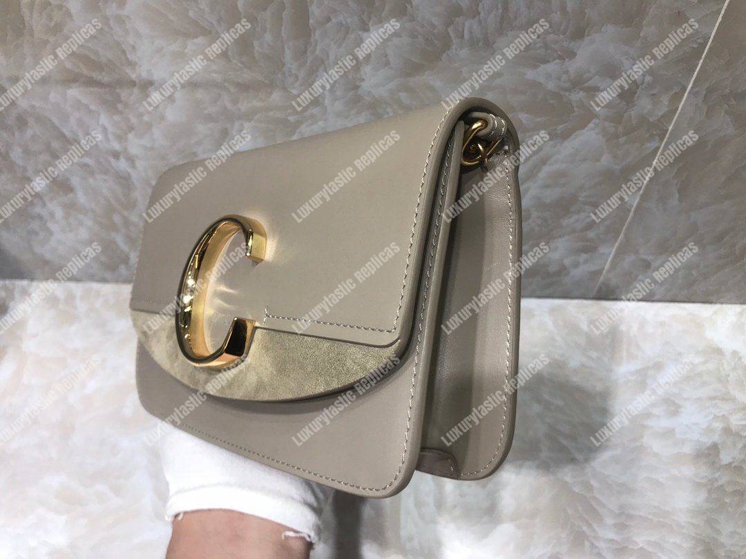 Chloe “C” Clutch With Chain In Shiny And Suede Calfskin Grey