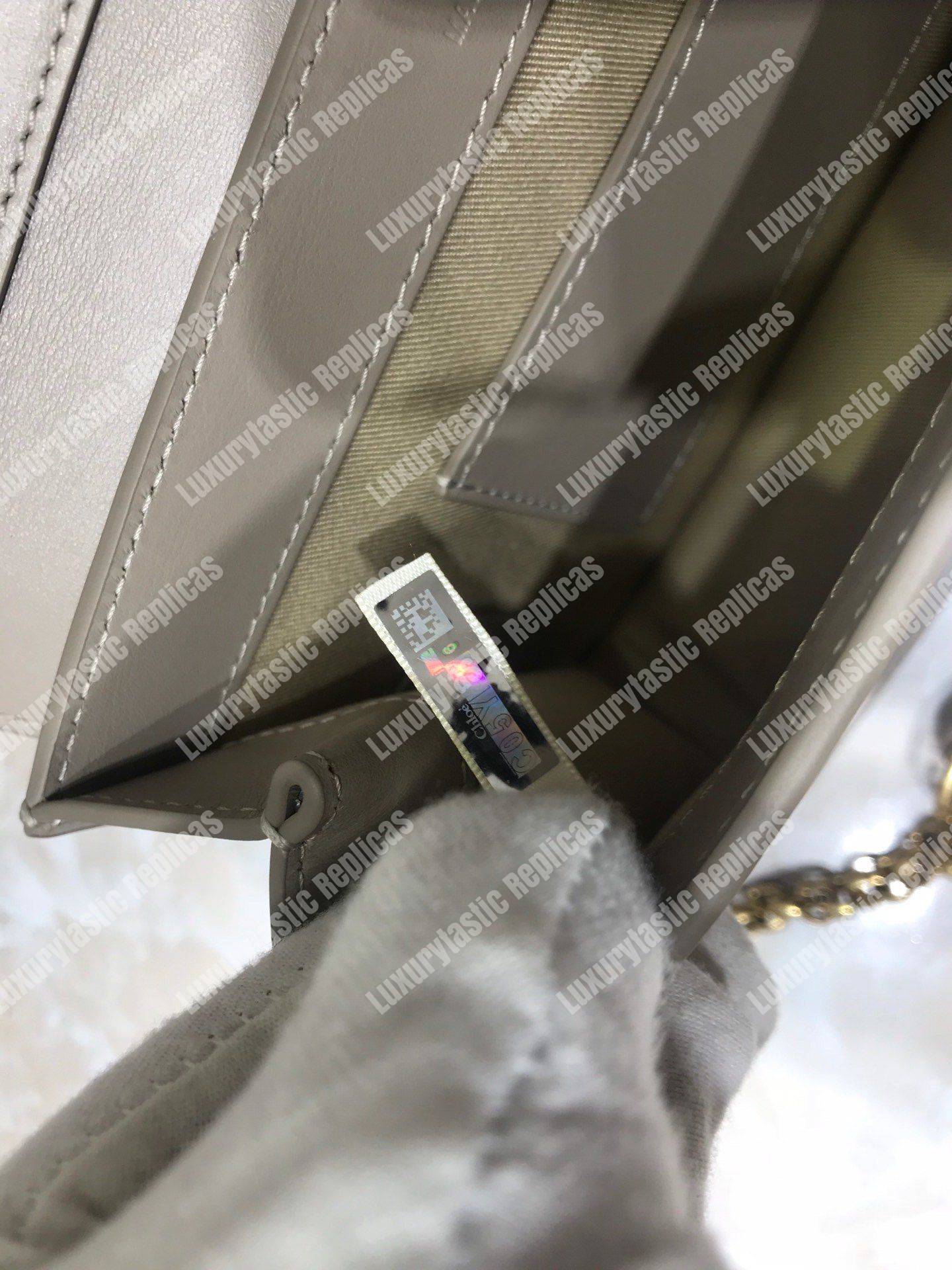 Chloe “C” Clutch With Chain In Shiny And Suede Calfskin Grey