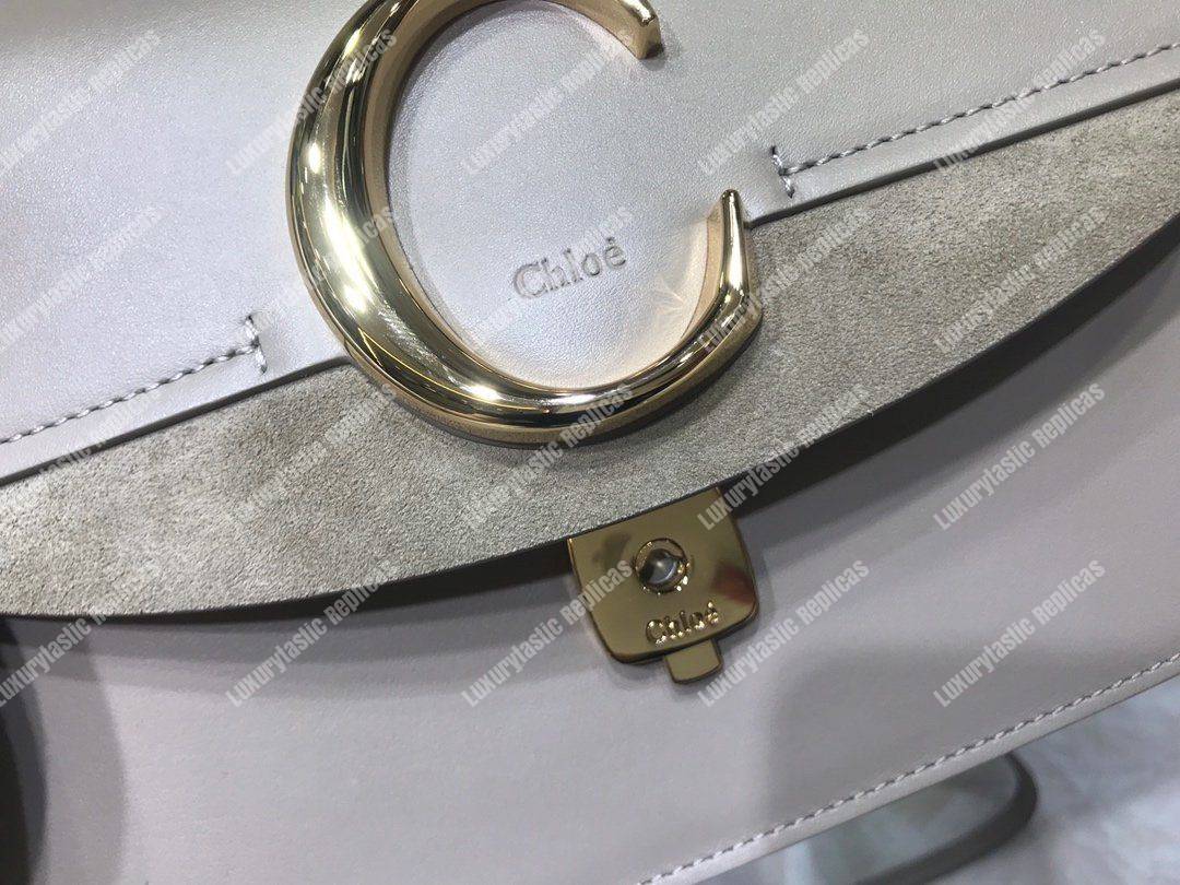 Chloe “C” Clutch With Chain In Shiny And Suede Calfskin Grey