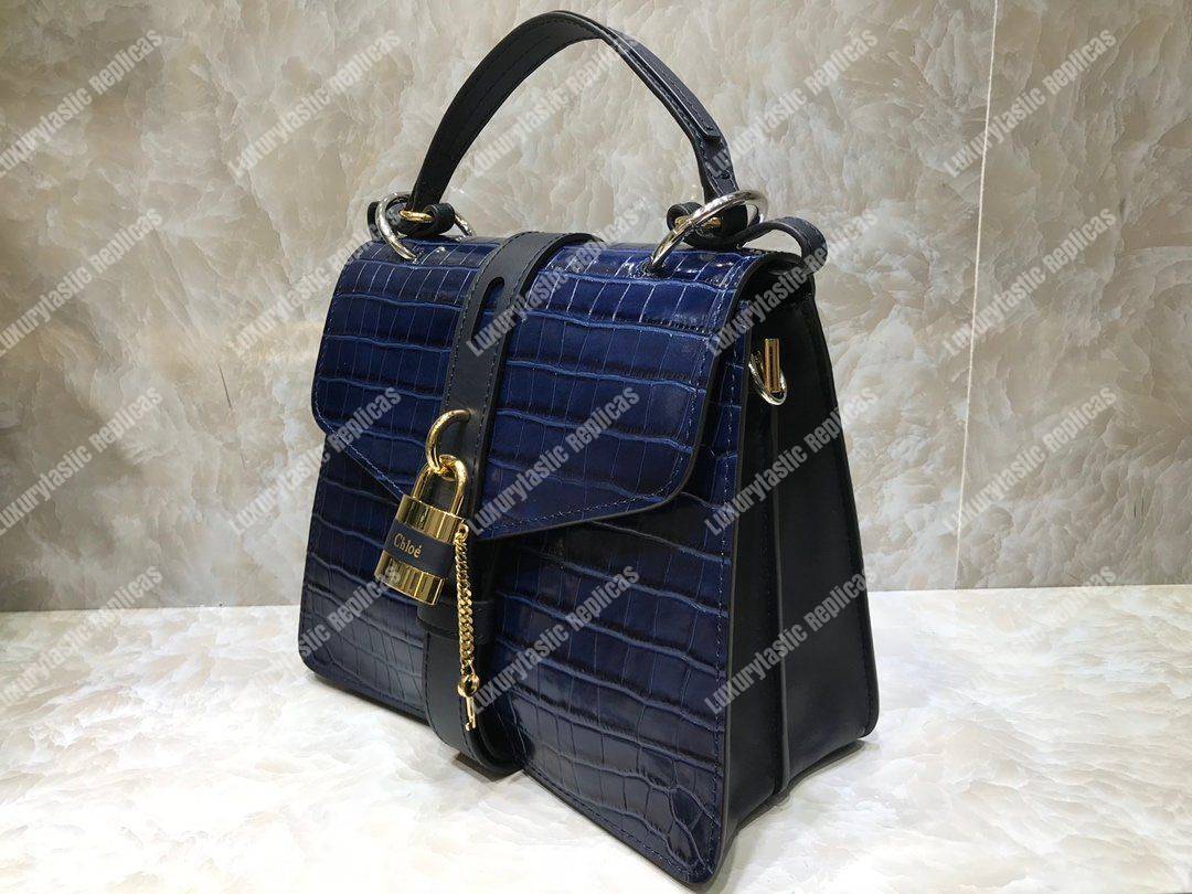 Chloe Medium Aby Day Shoulder Bag In Embossed Croco Effect On Calfskin Blue