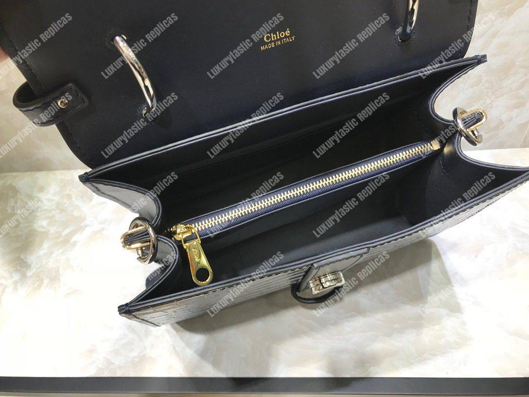 Chloe Medium Aby Day Shoulder Bag In Embossed Croco Effect On Calfskin Blue