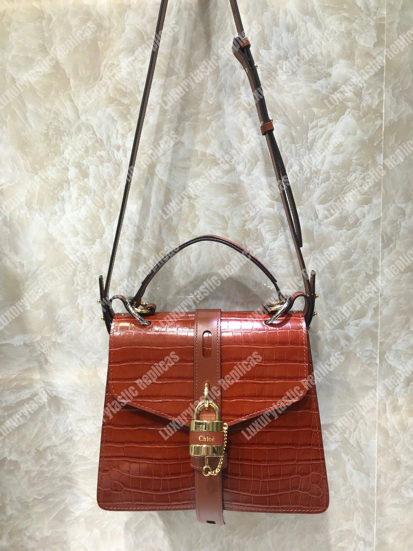 Chloe Medium Aby Day Shoulder Bag In Embossed Croco Effect On Calfskin Brown