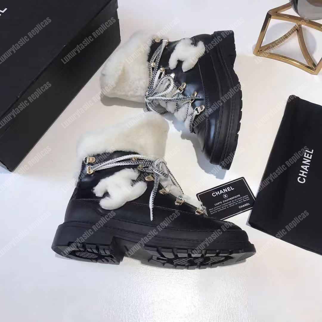 Ch*el round toe lace-up leather boots black / white