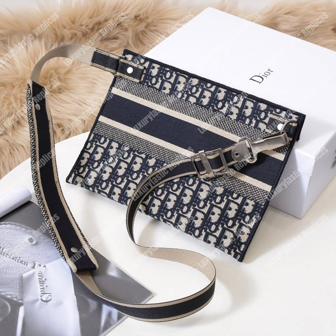 D*or blue oblique embroidered canvas clutch