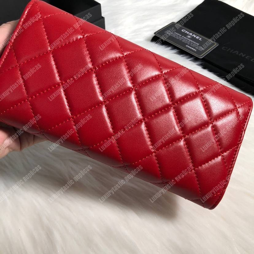 Ch*el classic long flap wallet lambskin leather red