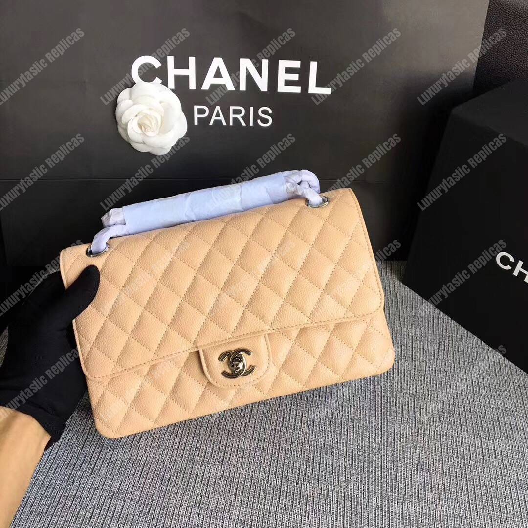 Ch*el medium classic handbag beige silver-tone metal