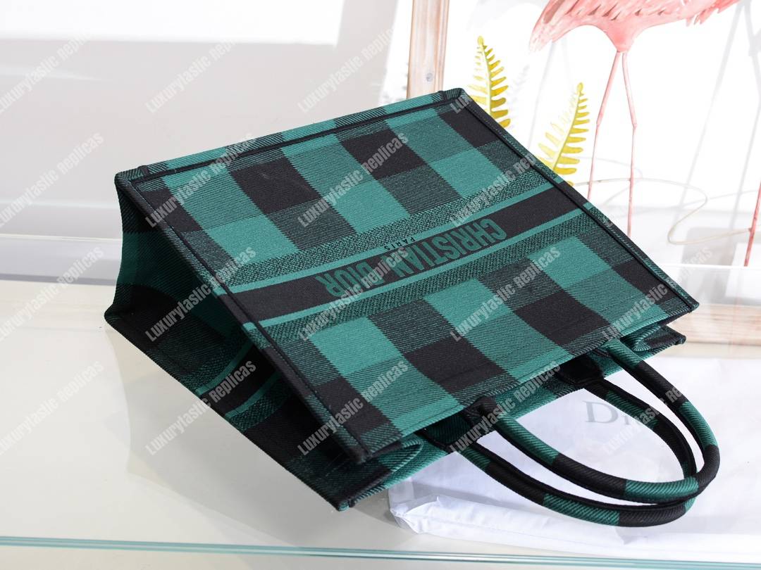 D*or book tote in green & black embroidered canvas