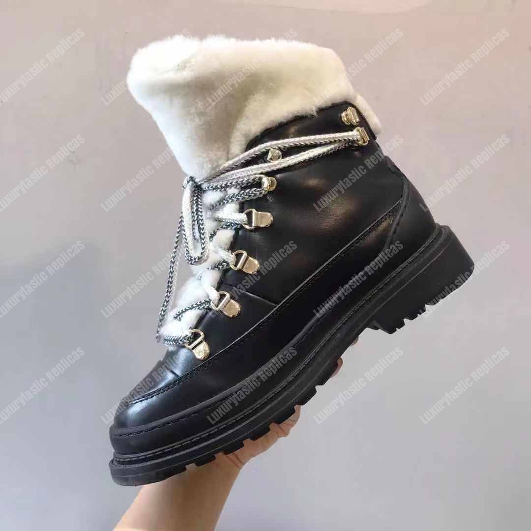 Ch*el round toe lace-up leather boots black / white