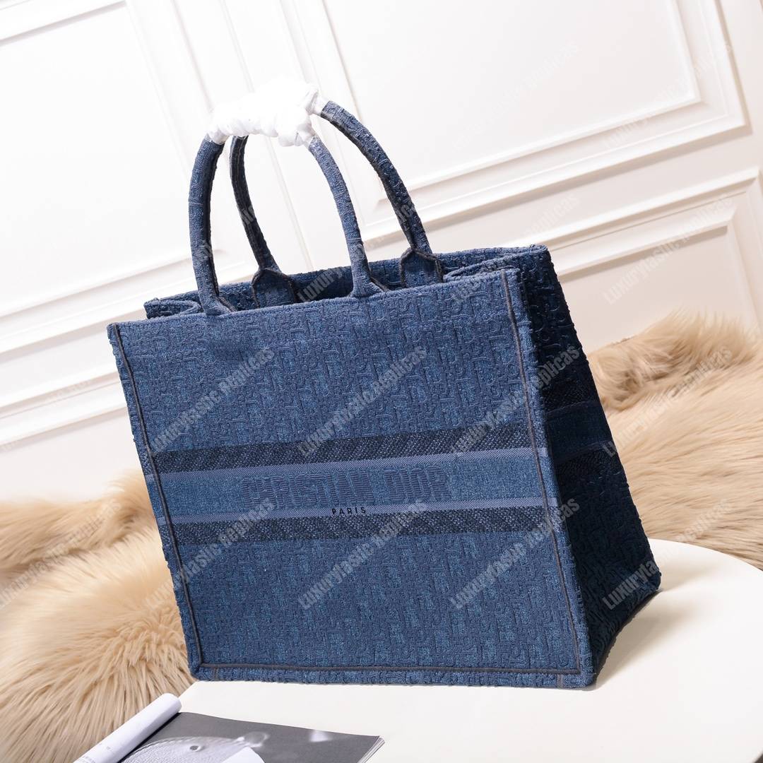 D*or book tote bag denim blue oblique embroidered canvas
