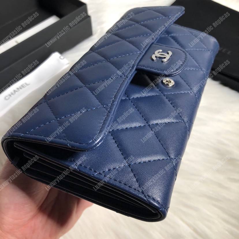 Ch*el classic long flap wallet silver tone navy blue