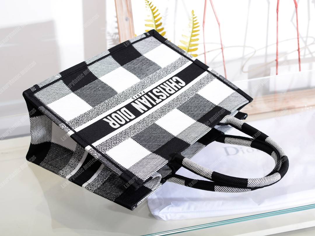 mini D*or book tote in off-white & black embroidered canvas