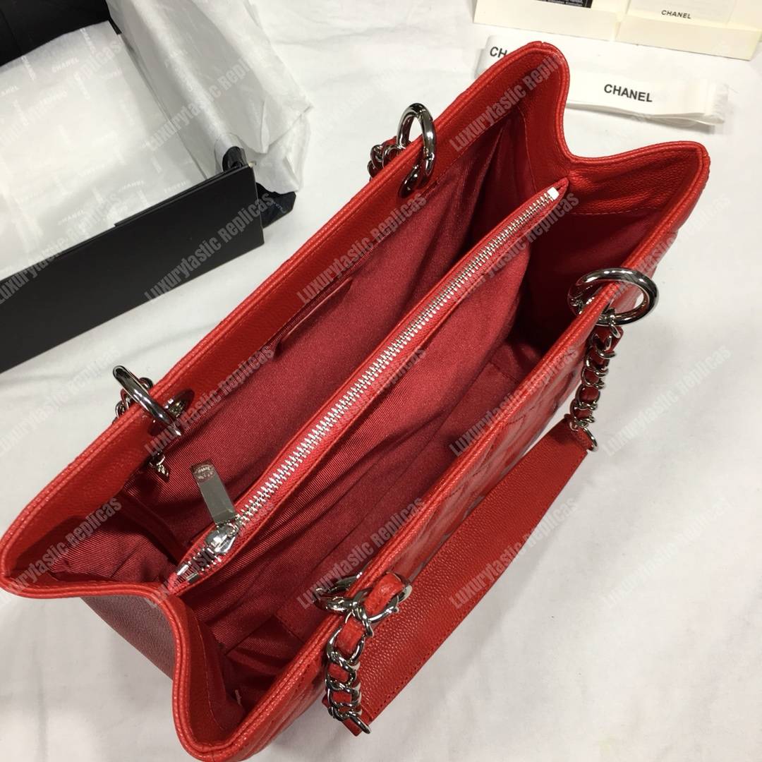 Ch*el large shopping tote silver tone red