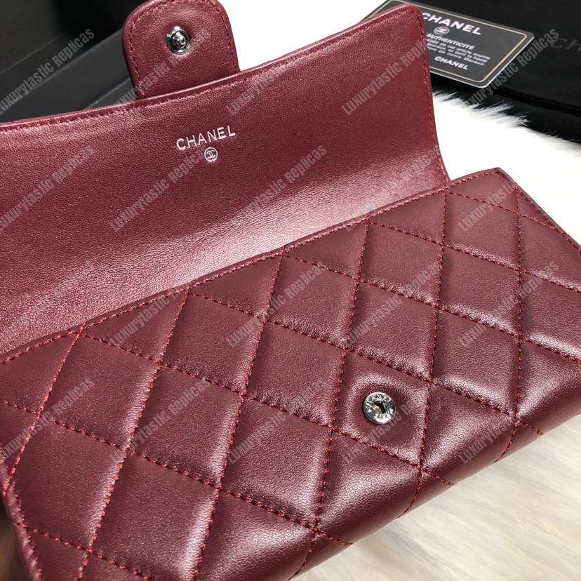 Ch*el classic long flap wallet lambskin leather burgundy