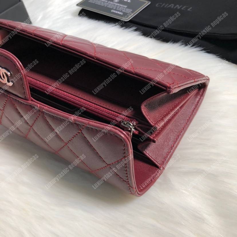 Ch*el classic long flap wallet lambskin leather burgundy
