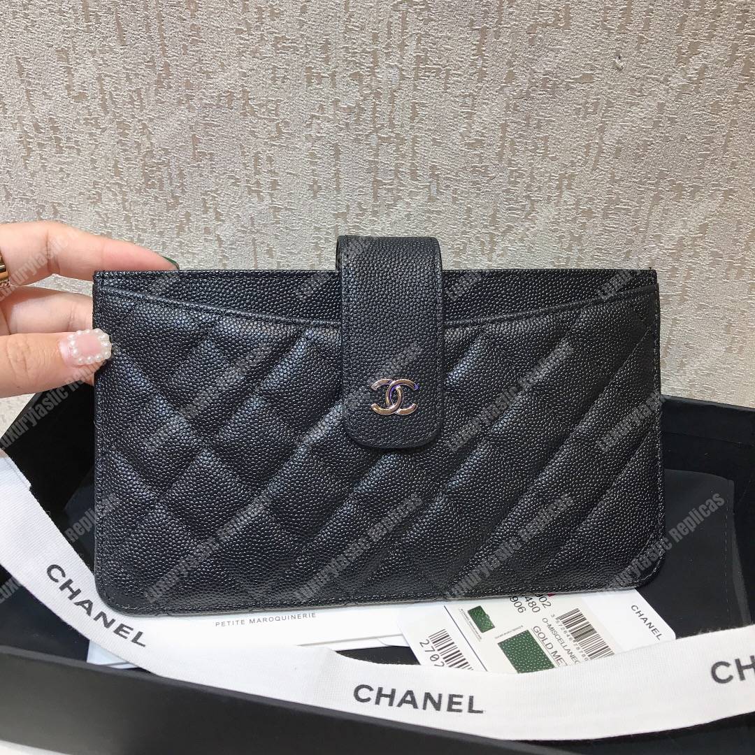 Ch*el classic pouch caviar leather silver tone black