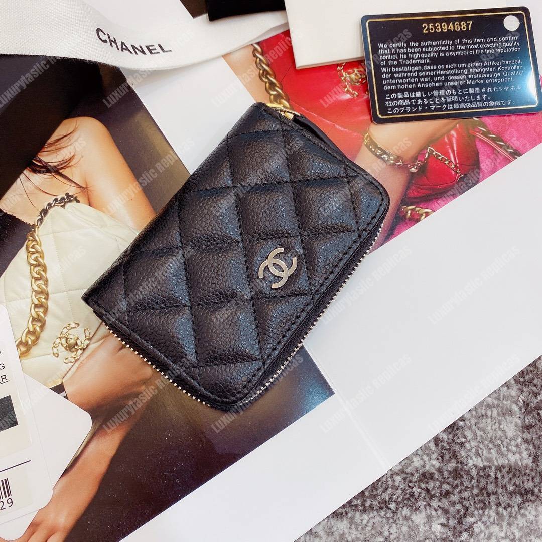 Ch*el classic zipper coin purse silver tone black