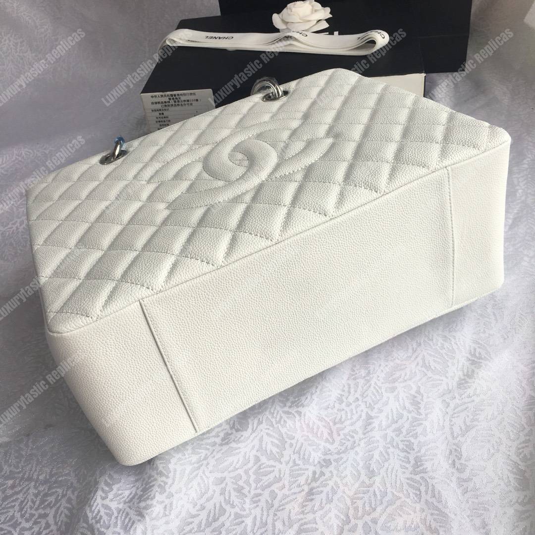 Ch*el large shopping tote silver tone white