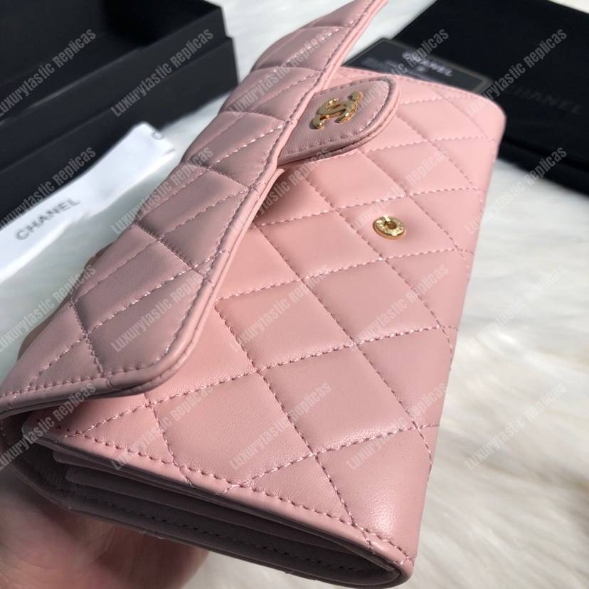 Ch*el classic long flap wallet lambskin leather pink